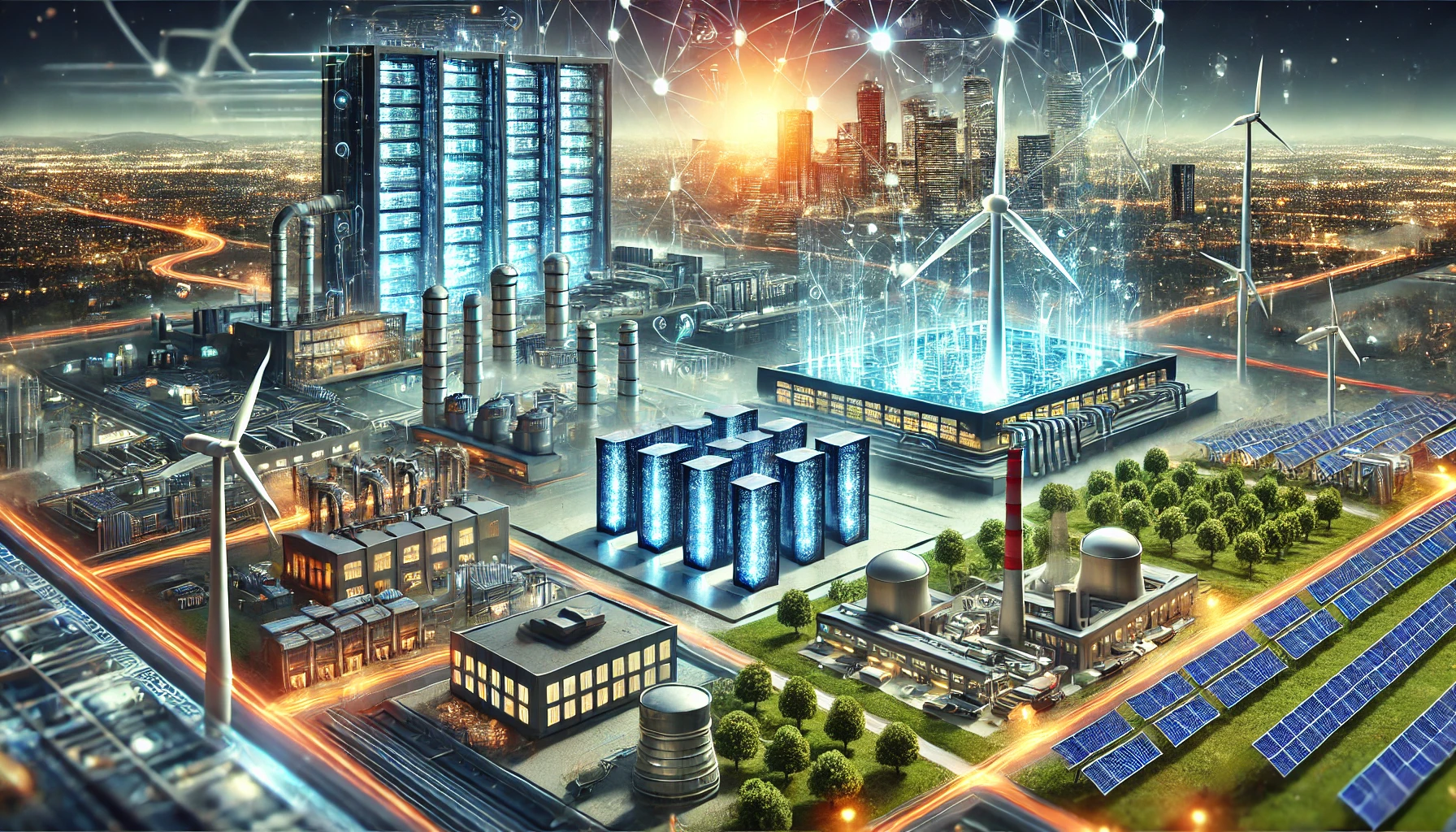 Illustration of an advanced AI data center, semiconductor manufacturing facility, and renewable energy systems with a city skyline in the background, symbolizing technological progress and investment opportunities.