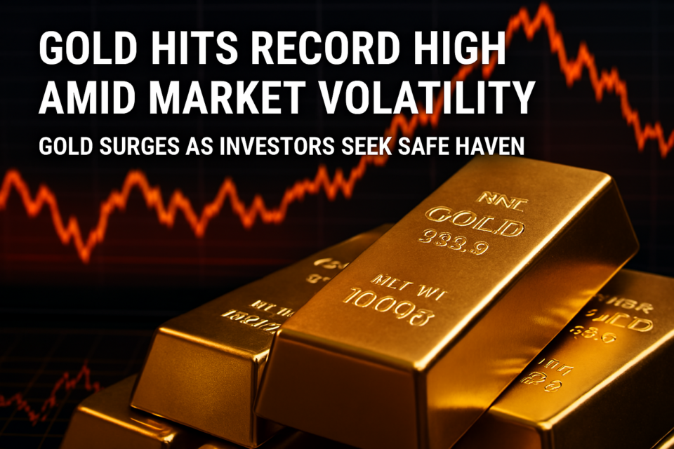 Stacked gold bars with "FINE GOLD 999.9" engraving, set against a fluctuating market chart, symbolizing gold’s surge to record highs.