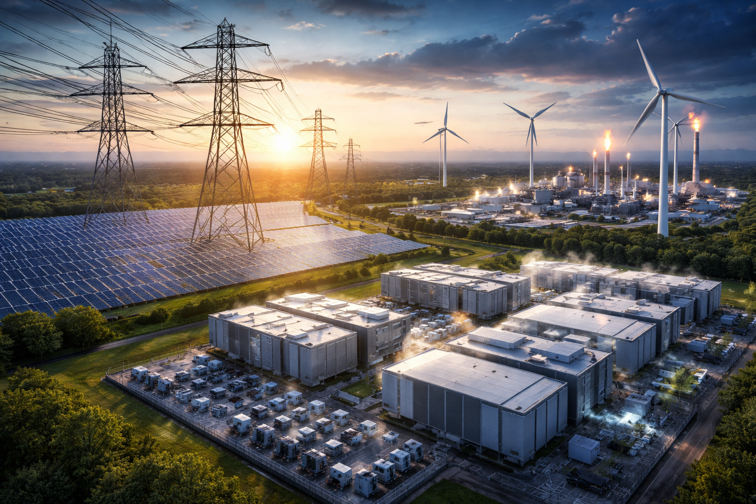 Photorealistic aerial view of a large modern data center campus linked to high-voltage transmission lines, with solar panels, wind turbines, and a nearby industrial energy facility at sunset.