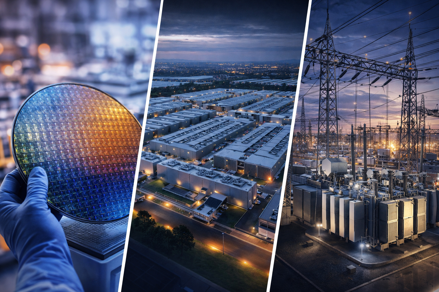 Photorealistic composite image showing a semiconductor wafer, a large hyperscale data center campus, and a high-voltage power substation, representing the industrial infrastructure behind artificial intelligence.