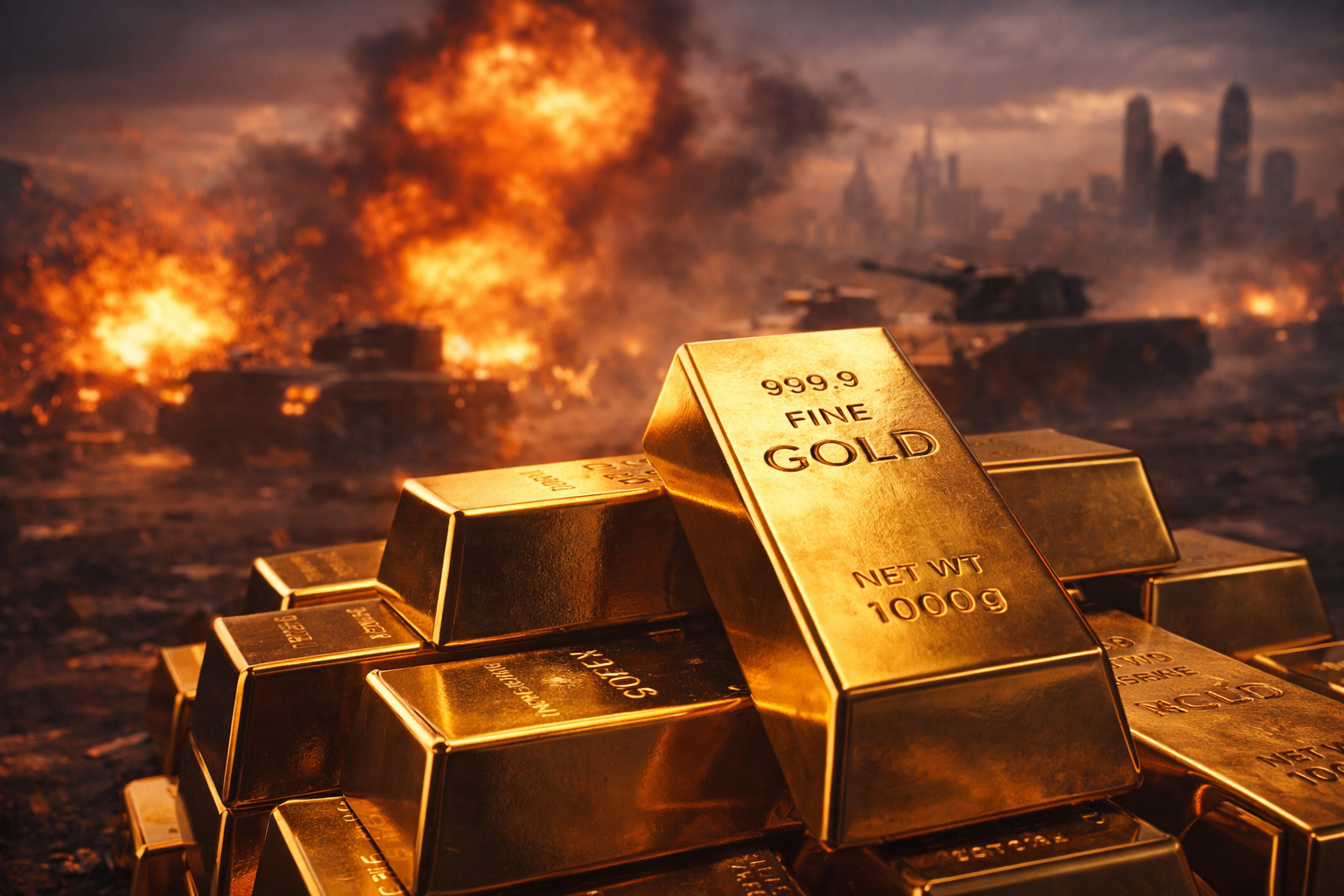Photorealistic image of stacked gold bars glowing in the foreground against a blurred backdrop of fire, smoke, and military vehicles, symbolizing investor flight to safety during geopolitical turmoil.