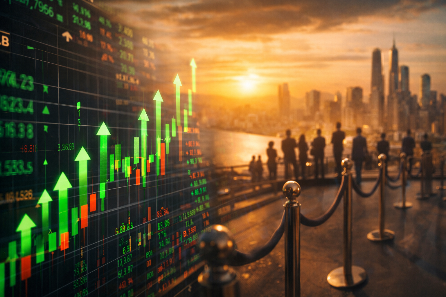 Photorealistic scene of rising market graphics beside investors overlooking a modern city skyline at sunset, symbolizing a broad risk-on move in global equities.