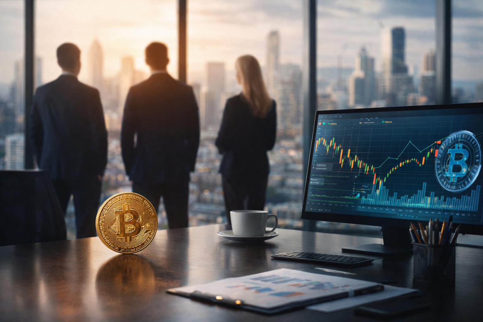 Photorealistic image of finance executives in a modern boardroom overlooking a city skyline, with a digital-asset themed workspace in the foreground symbolizing institutional adoption of crypto.