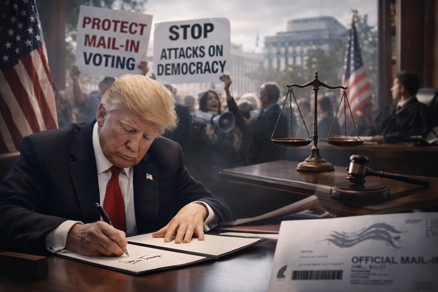 Photorealistic scene of Donald Trump signing a document at a desk while protestors, courtroom symbols, and election-related imagery appear in the background, representing legal and political conflict over voting rules.