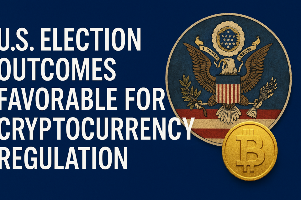Digital graphic featuring headline “U.S. Election Outcomes Favorable for Cryptocurrency Regulation” with imagery of the U.S. flag and Bitcoin symbol.