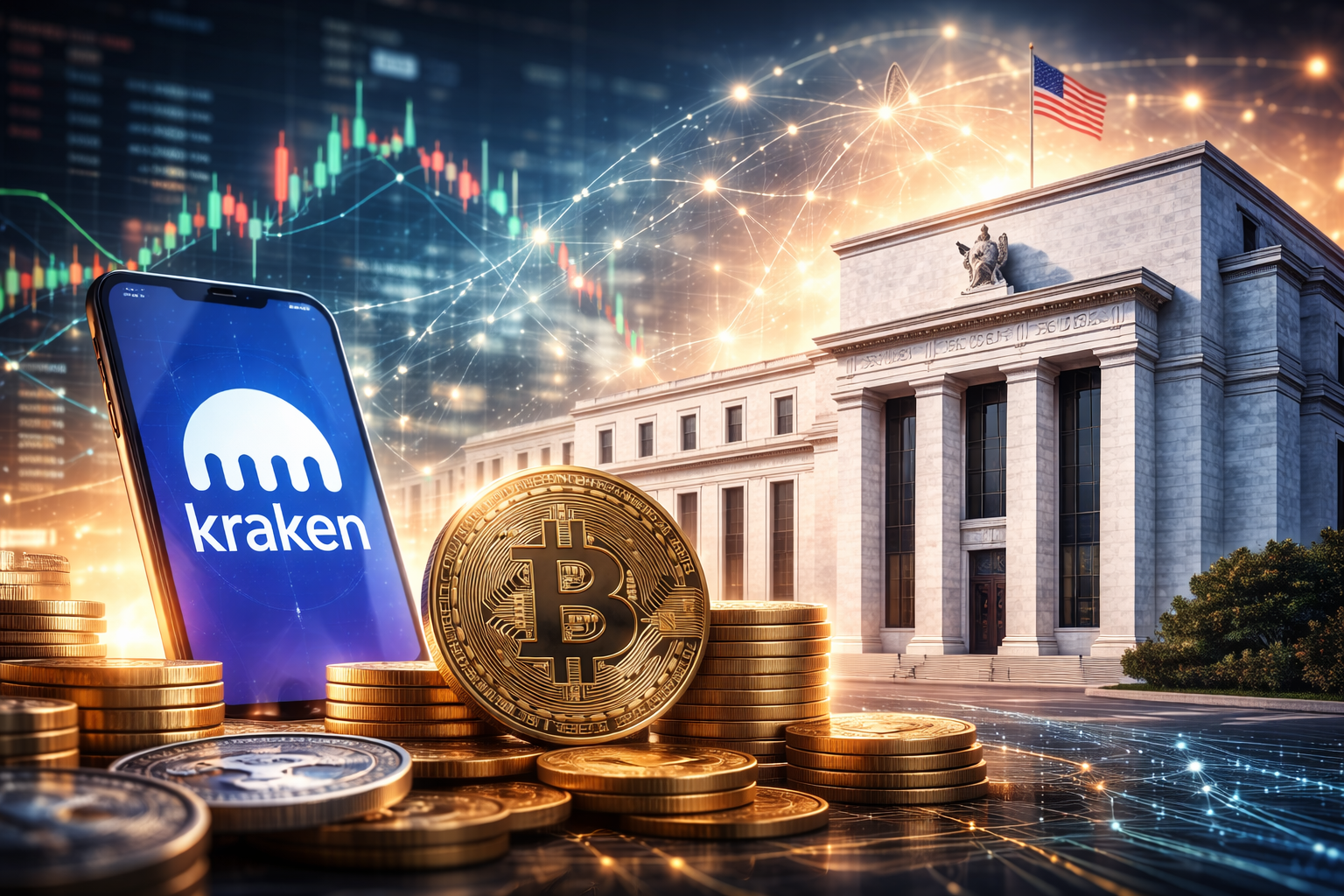 A photorealistic financial scene showing digital asset coins and a crypto trading interface in the foreground with a monumental U.S. central bank-style building behind, symbolizing the collision between cryptocurrency markets and traditional financial infrastructure.
