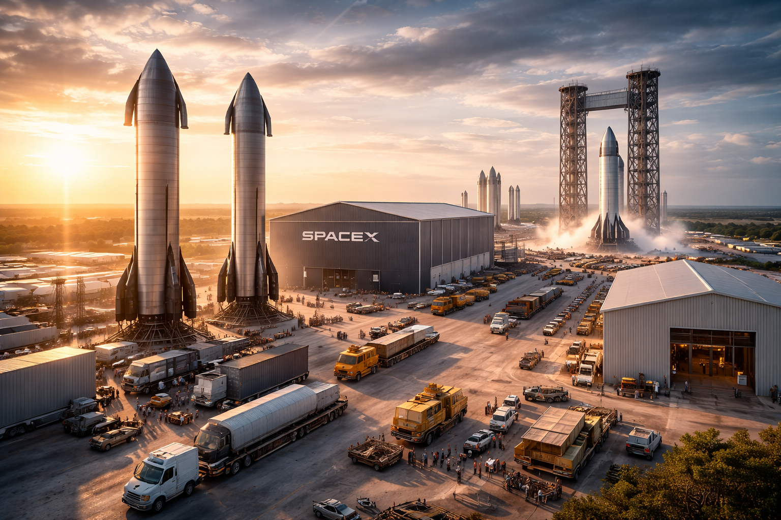 A photorealistic aerospace production complex at sunset with multiple stainless-steel rockets, launch structures, trucks, workers, and large industrial buildings, conveying rapid expansion in commercial space manufacturing.