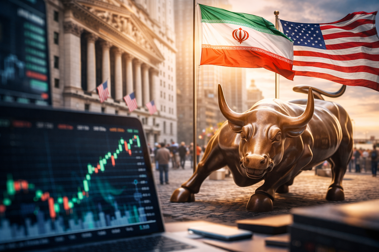 A photorealistic financial district scene with a bronze bull, market screens, and U.S. and Iranian national flags, symbolizing rising equities amid fragile geopolitical optimism.