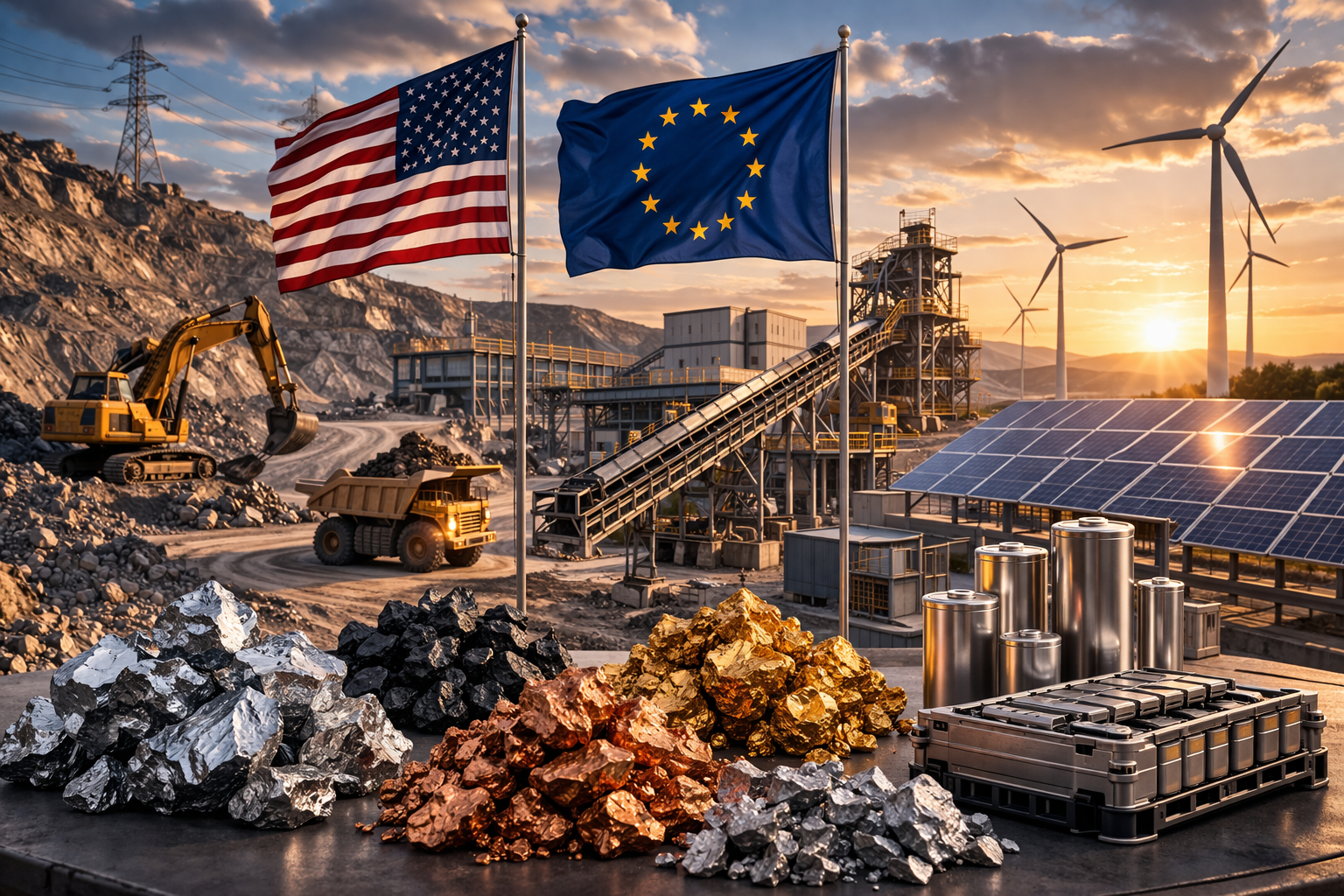 A photorealistic mining and clean-energy scene with raw mineral ores, heavy industrial equipment, battery components, and renewable power infrastructure, symbolizing a Western push to build alternative critical-minerals supply chains.