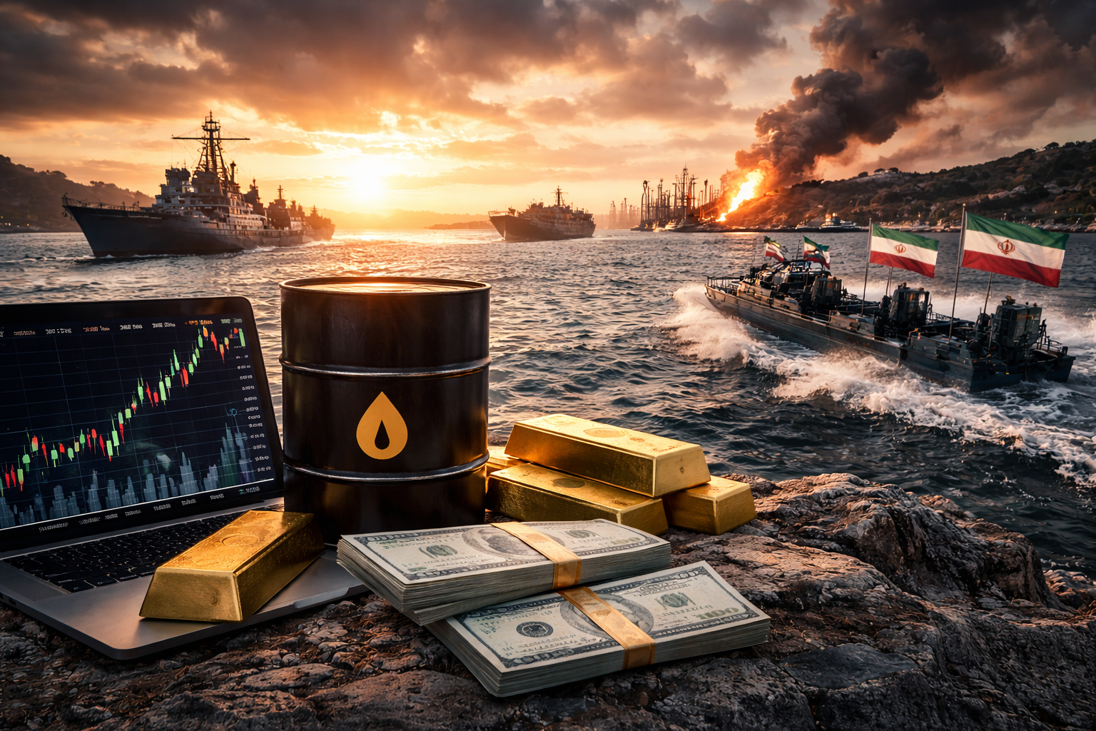 A photorealistic maritime chokepoint scene at sunset with naval vessels, fast patrol boats, oil barrels, gold bars, cash, and a market screen, symbolizing the link between Middle East tensions and global financial volatility.