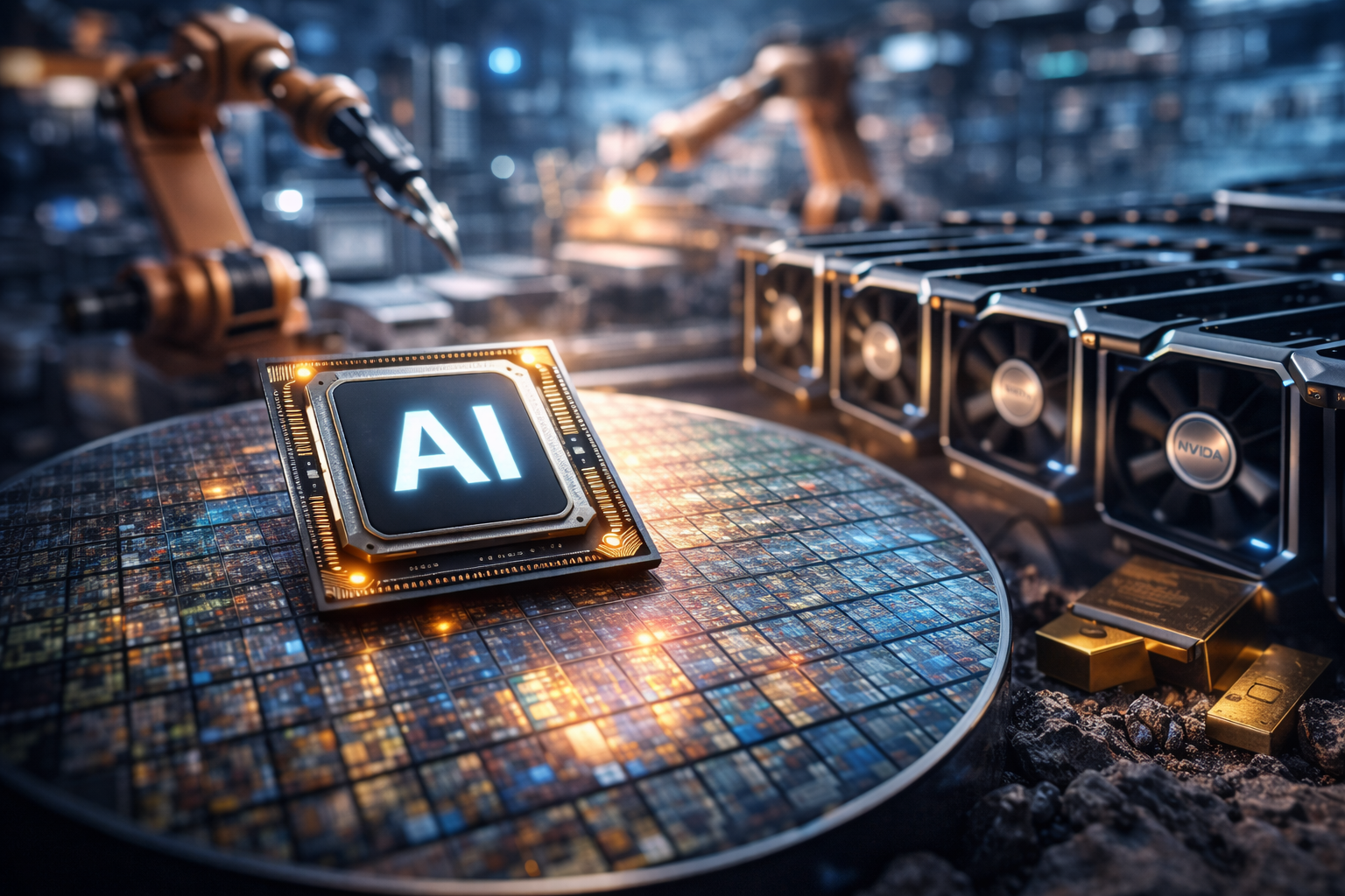 A photorealistic semiconductor fabrication scene with a silicon wafer, advanced processors, robotic manufacturing arms, and server-grade chip hardware, symbolizing surging global demand for AI computing power.