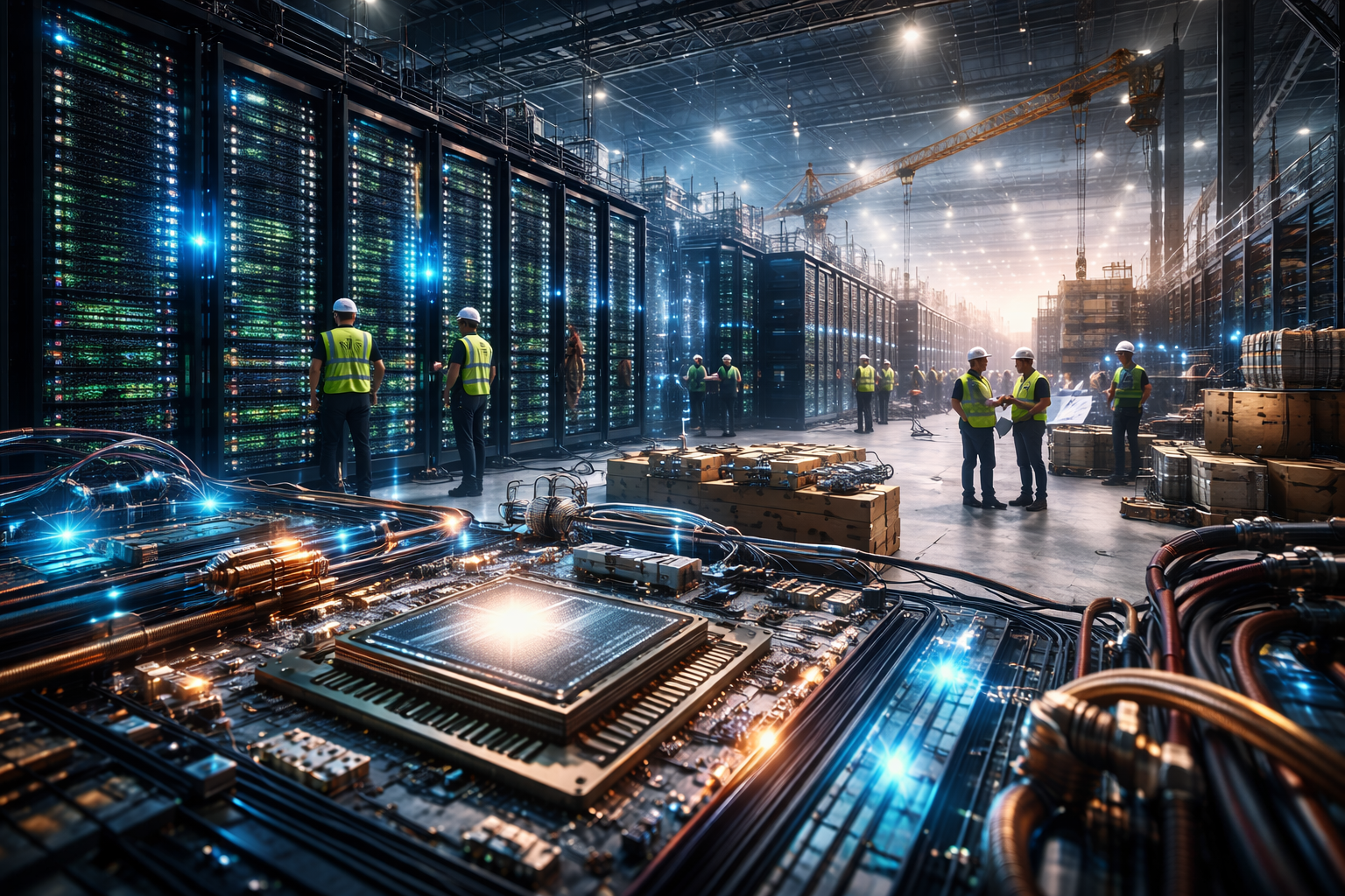 Engineers stand inside a vast data center filled with server racks, cables, and advanced computing hardware during a large-scale infrastructure expansion.