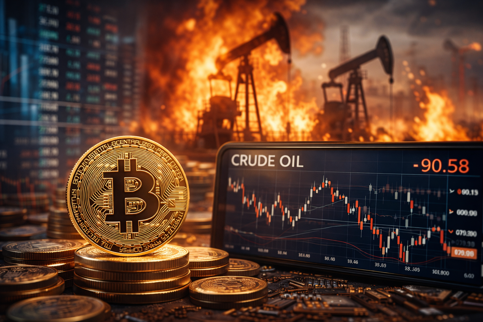 A physical bitcoin token sits beside a market display and energy imagery, symbolizing crypto resilience amid a surge in oil prices and geopolitical tension.