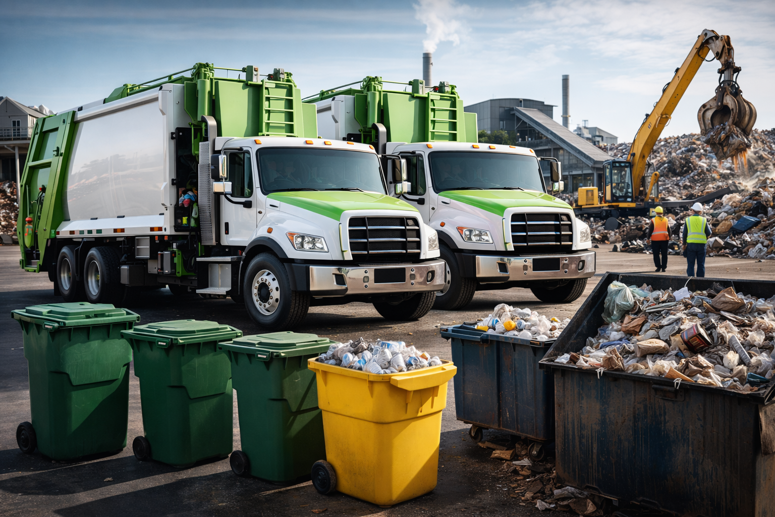 Waste collection trucks and industrial recycling equipment operate at a large environmental services facility handling commercial and industrial materials.