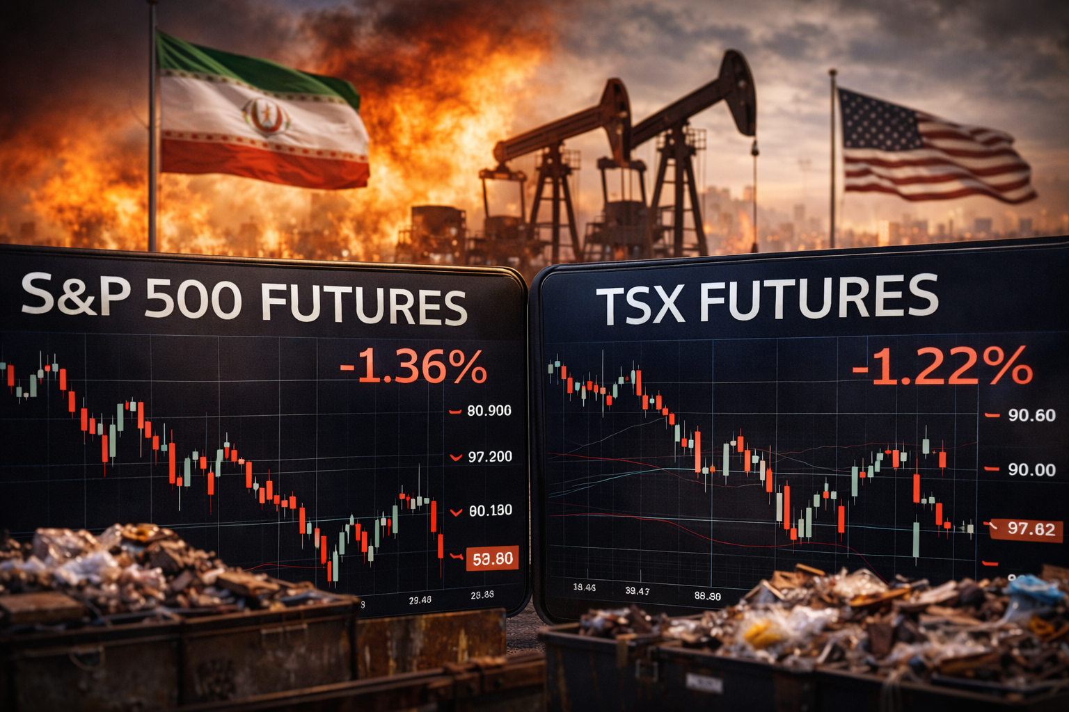 Oil pumpjacks operate against a fiery backdrop while digital market charts show declining trends, reflecting geopolitical tension impacting financial markets.