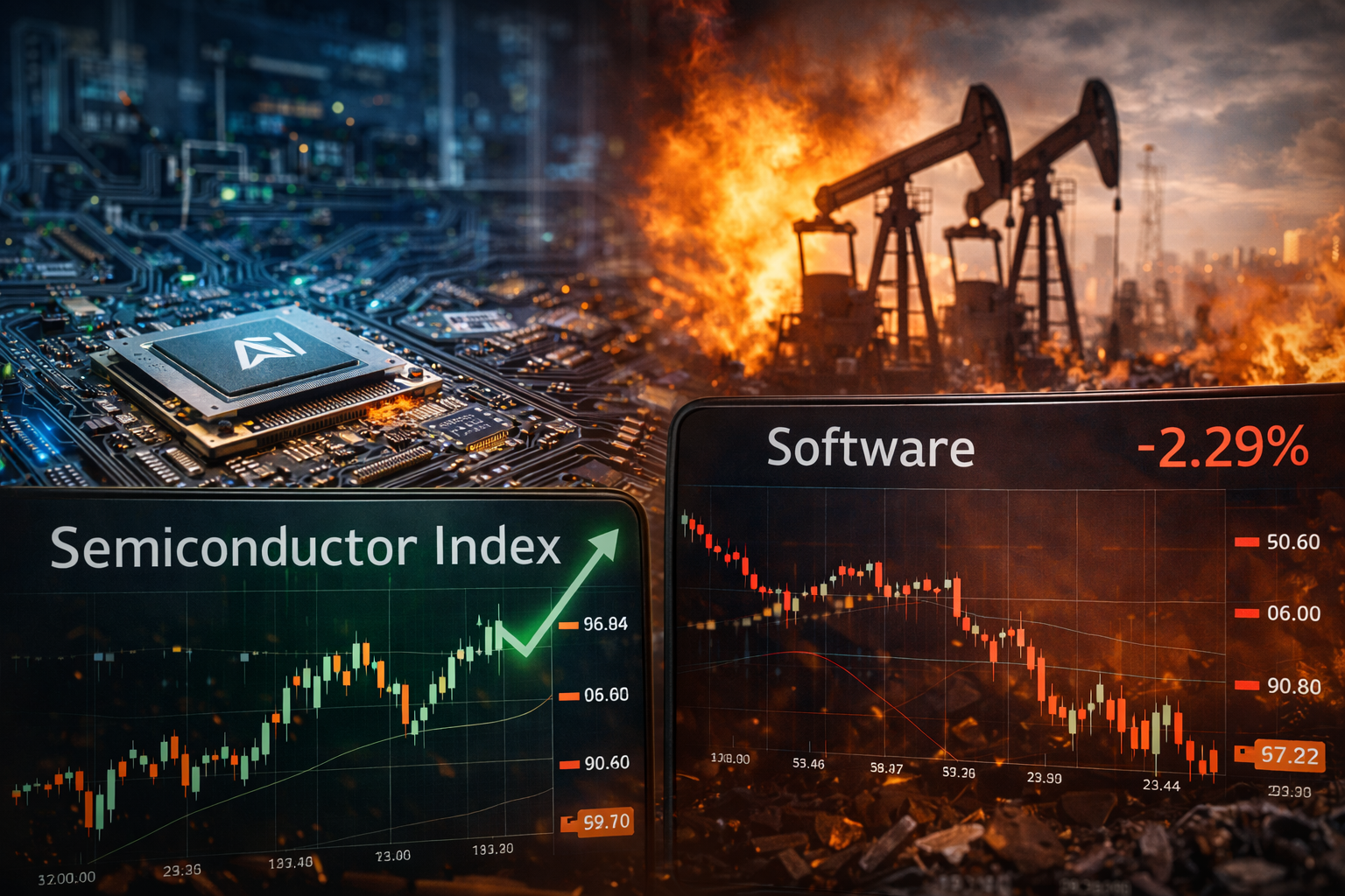 A glowing AI semiconductor chip and rising infrastructure market chart contrast with oil pumpjacks, flames, and a falling software market display.