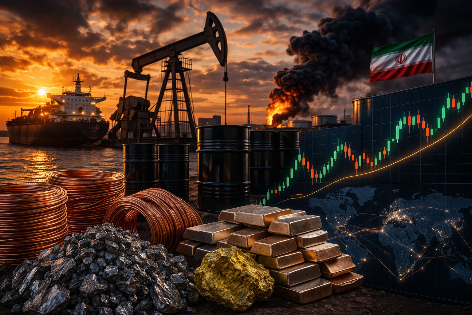 Oil barrels, a pumpjack, an oil tanker, and industrial metal stockpiles appear beside a rising market chart at sunset, symbolizing a broad overnight commodity repricing.