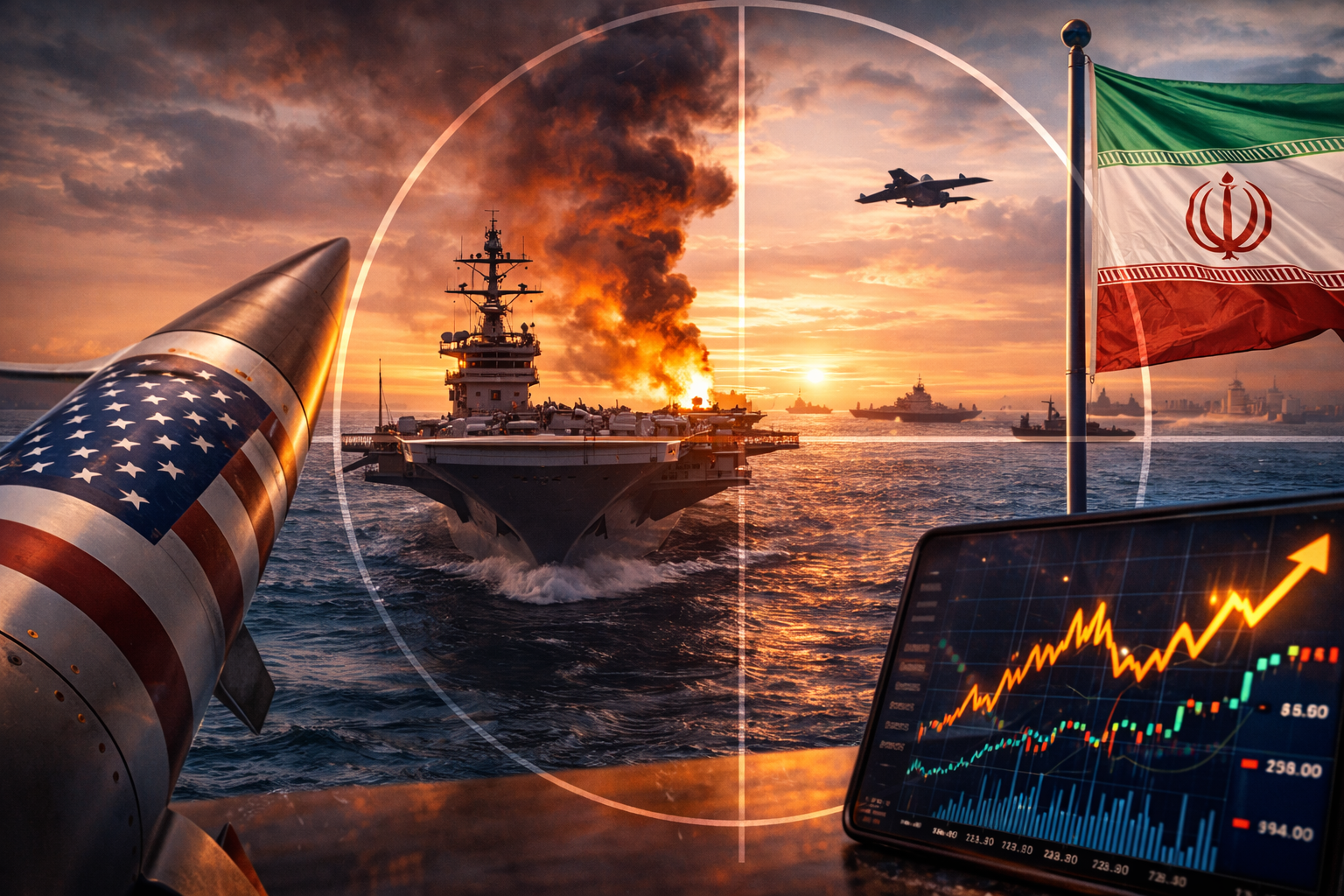 A naval carrier at sea, military aircraft, and a market chart appear against a tense sunset backdrop, symbolizing rising geopolitical risk and market repricing.