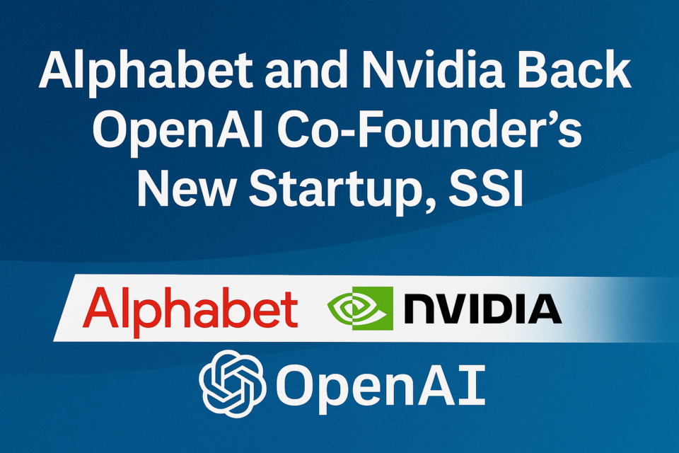 Graphic featuring the headline “Alphabet and Nvidia Back OpenAI Co-Founder’s New Startup, SSI” with logos of Alphabet, Nvidia, and OpenAI on a blue background.