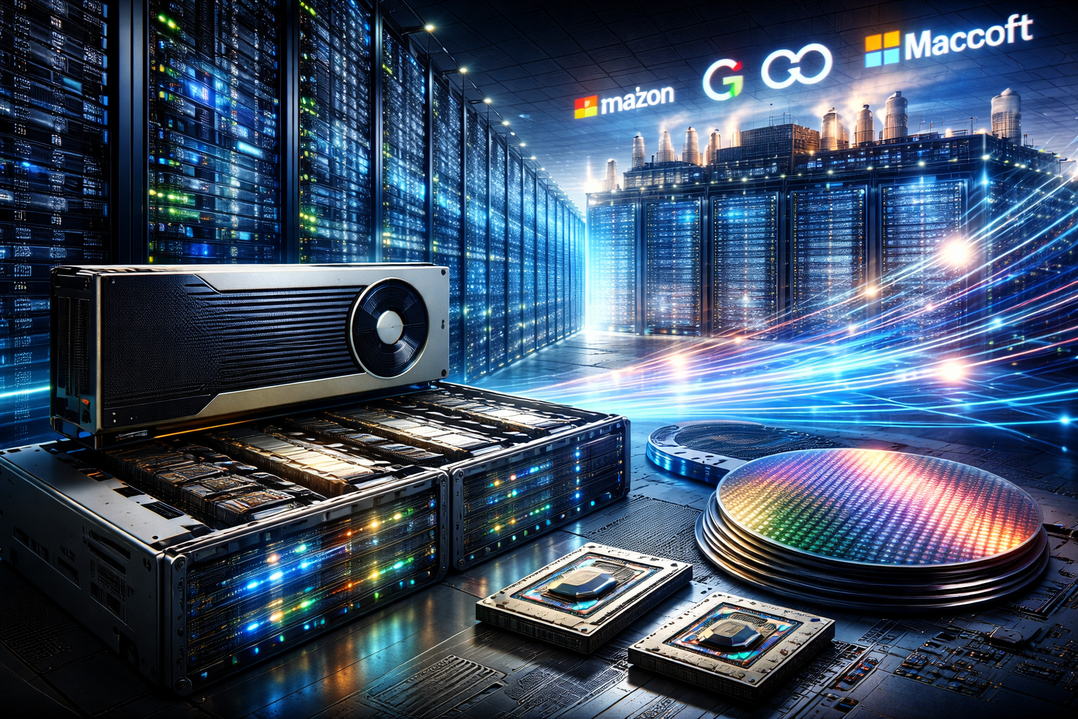 Photorealistic view of a modern hyperscale data center with illuminated server racks, advanced AI chips, a large graphics processor, and semiconductor wafers arranged in the foreground.