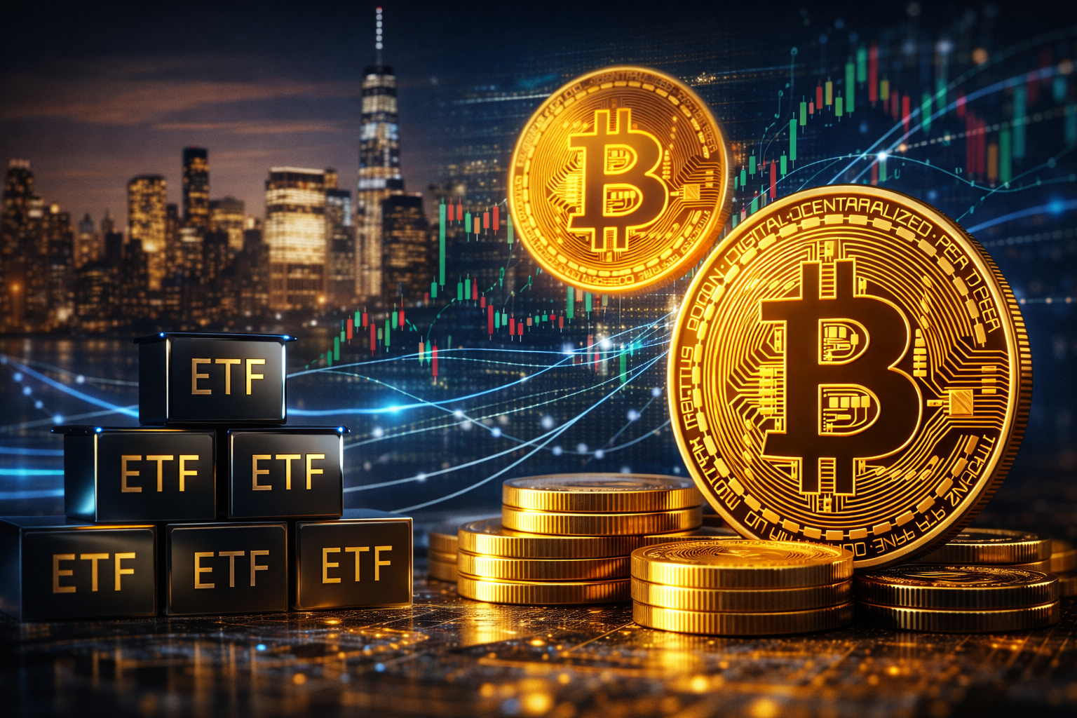 Photorealistic scene of gold-colored Bitcoin coins and stacked investment blocks against a modern financial skyline with glowing market graphics in the background.