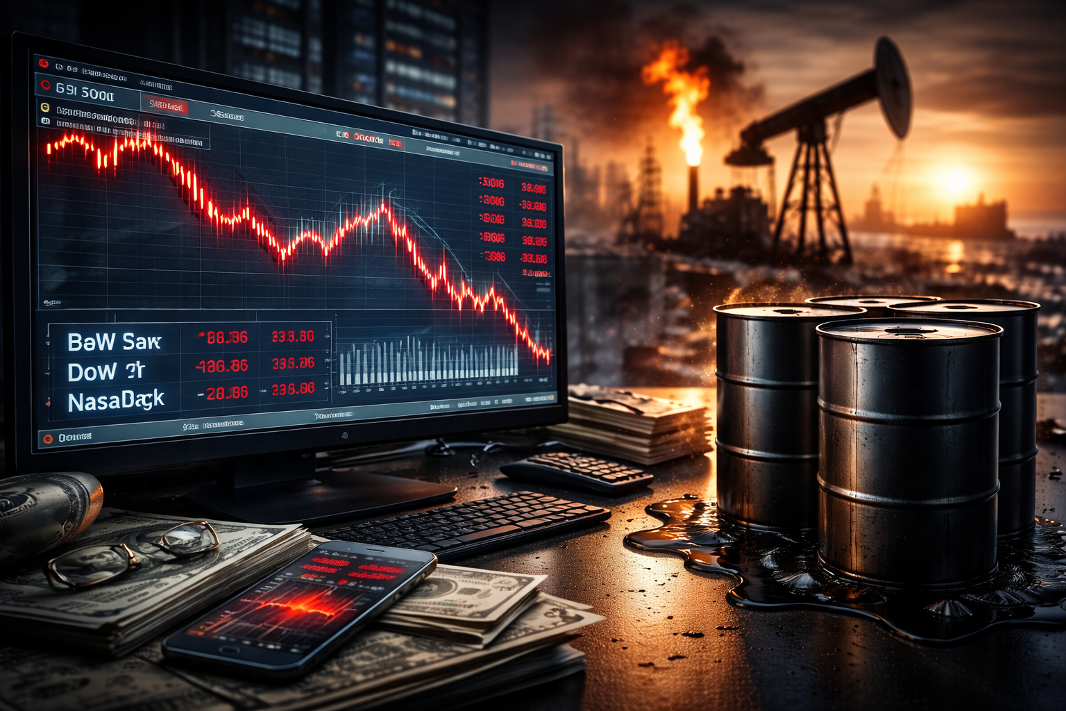 Photorealistic market scene showing oil barrels on a trading desk beside a falling financial display, with an oil pumpjack and refinery flare in the background at sunset.