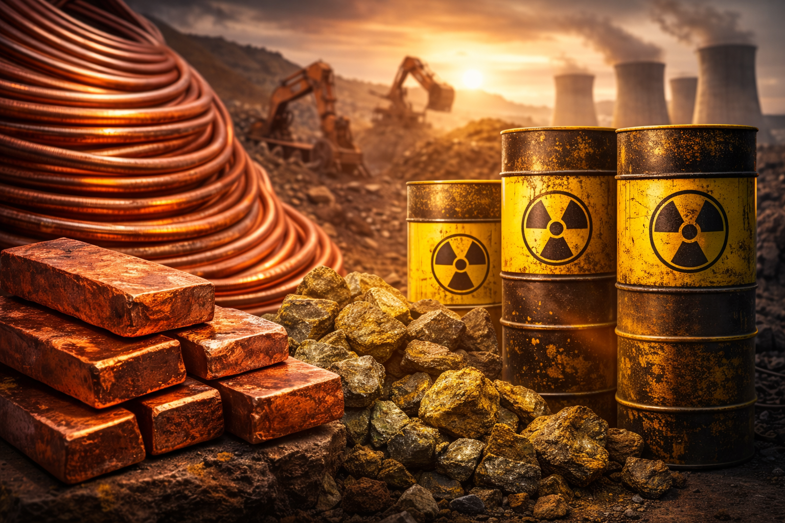 Photorealistic scene of copper bars and coiled copper tubing beside uranium ore and industrial drums, with a mine and nuclear cooling towers in the background at sunset.