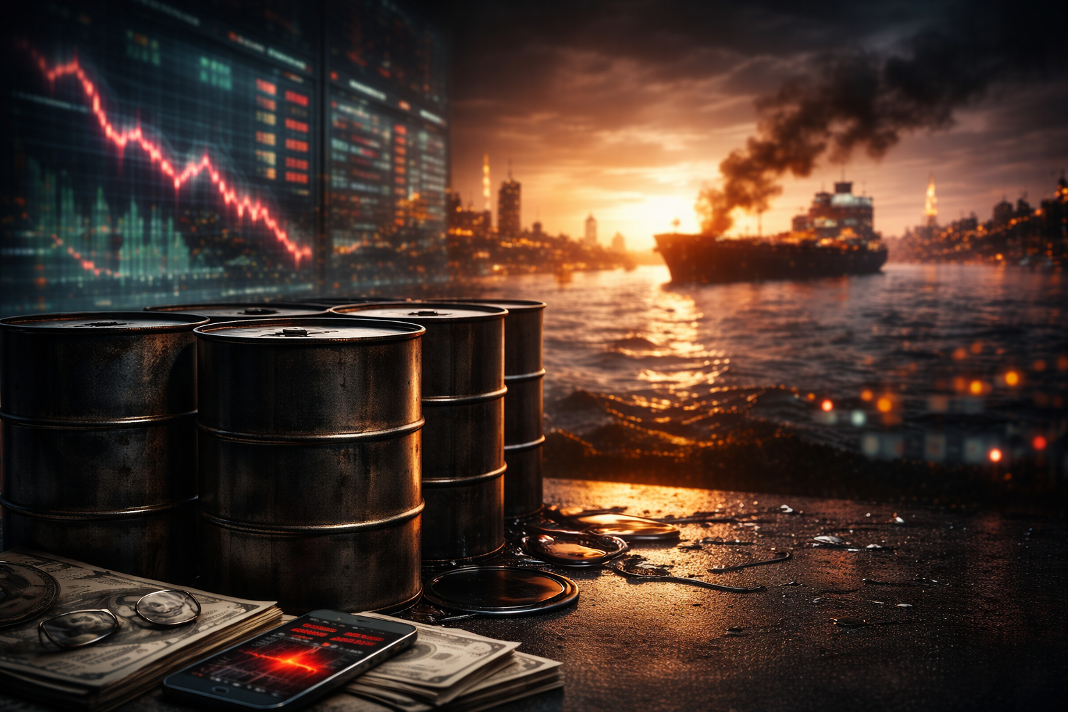 Photorealistic scene with oil barrels in the foreground, a cargo tanker on dark water at dusk, and a blurred market display suggesting falling risk sentiment.
