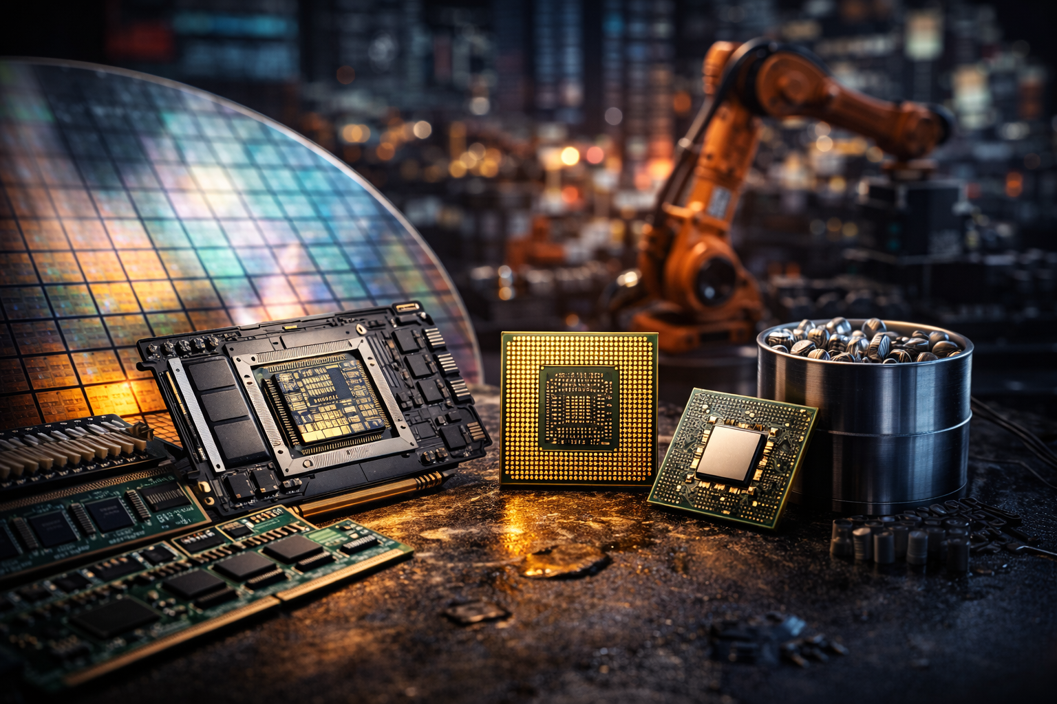 Photorealistic close-up of multiple semiconductor components, including processors, memory modules, and circuit boards, arranged beside a silicon wafer in an advanced industrial setting.