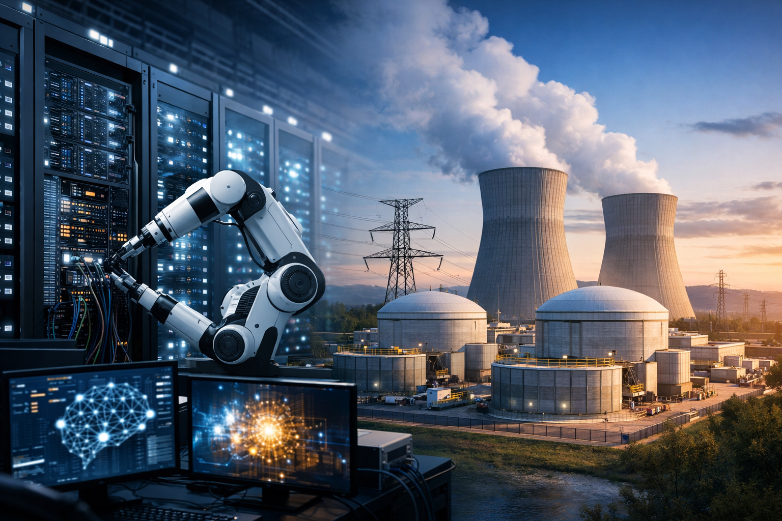 Photorealistic composite of a modern AI data center with glowing server racks and robotic equipment beside a nuclear power facility with cooling towers and small modular reactor buildings at sunset.