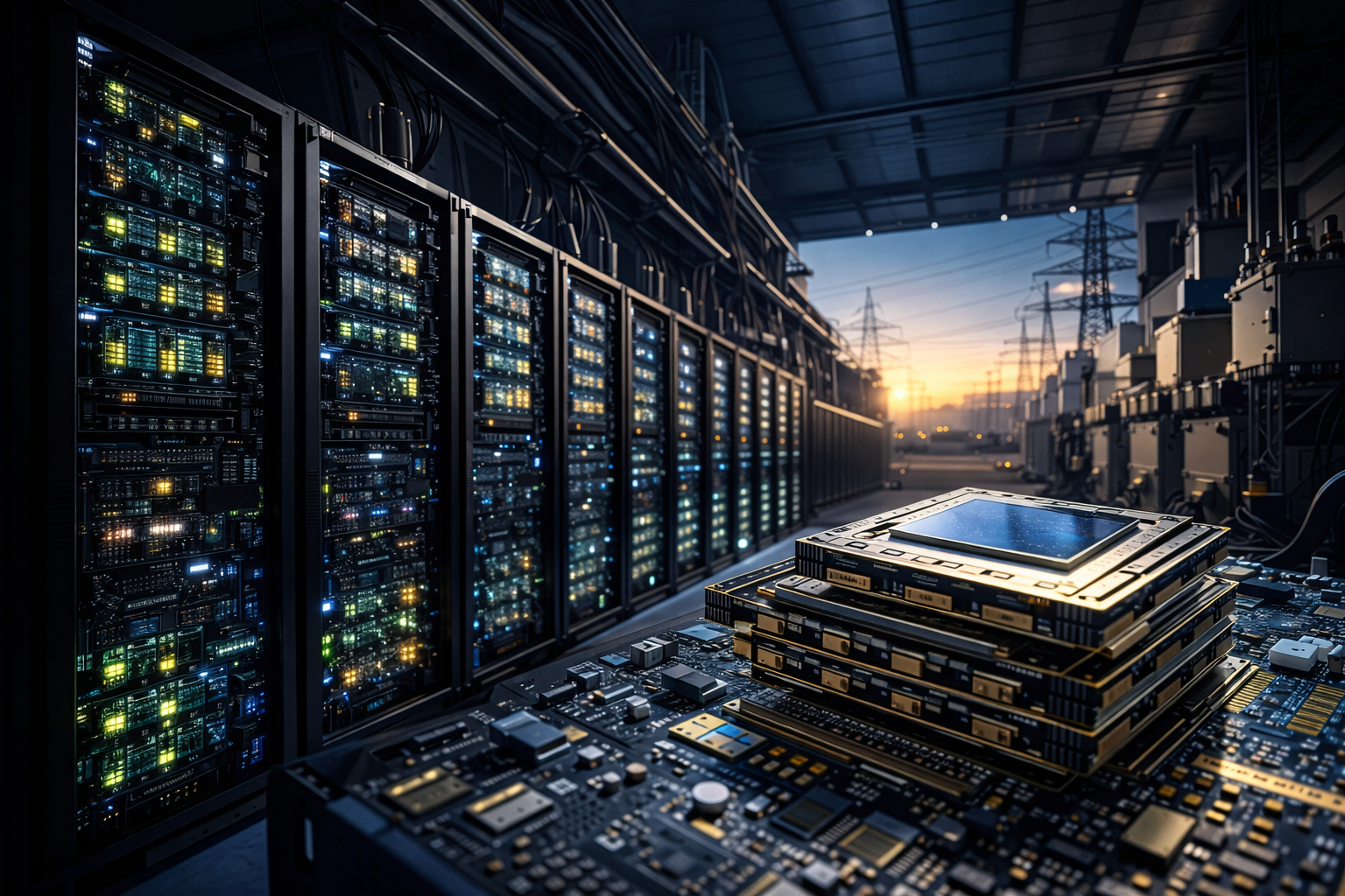 Photorealistic image of AI server racks and advanced semiconductor chips inside a modern data center, with electrical infrastructure visible in the background.