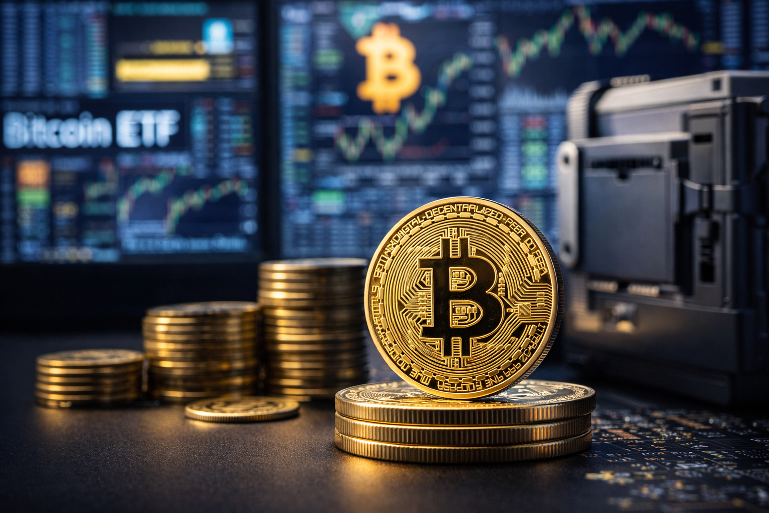Photorealistic close-up of a gold Bitcoin token on stacked coins with market screens and a secure digital wallet in the background.
