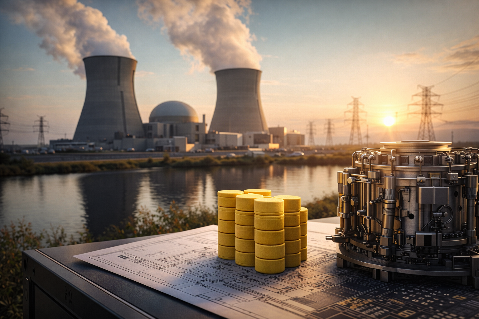 Photorealistic image of a nuclear power plant with cooling towers and grid infrastructure, with a small modular reactor model and nuclear fuel elements in the foreground.
