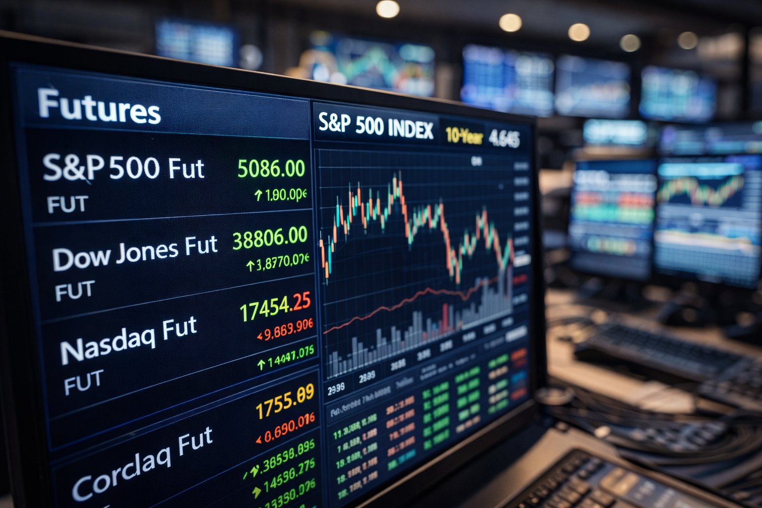 Photorealistic trading floor scene with market monitors, a city skyline at dusk, and traders working through a period of cautious market stabilization.