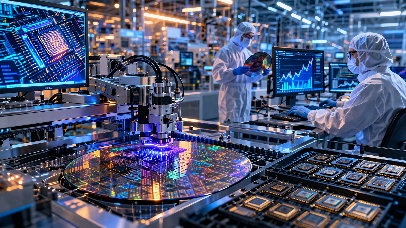Photorealistic image of a semiconductor cleanroom with engineers, a silicon wafer under robotic inspection, and advanced chips in production.