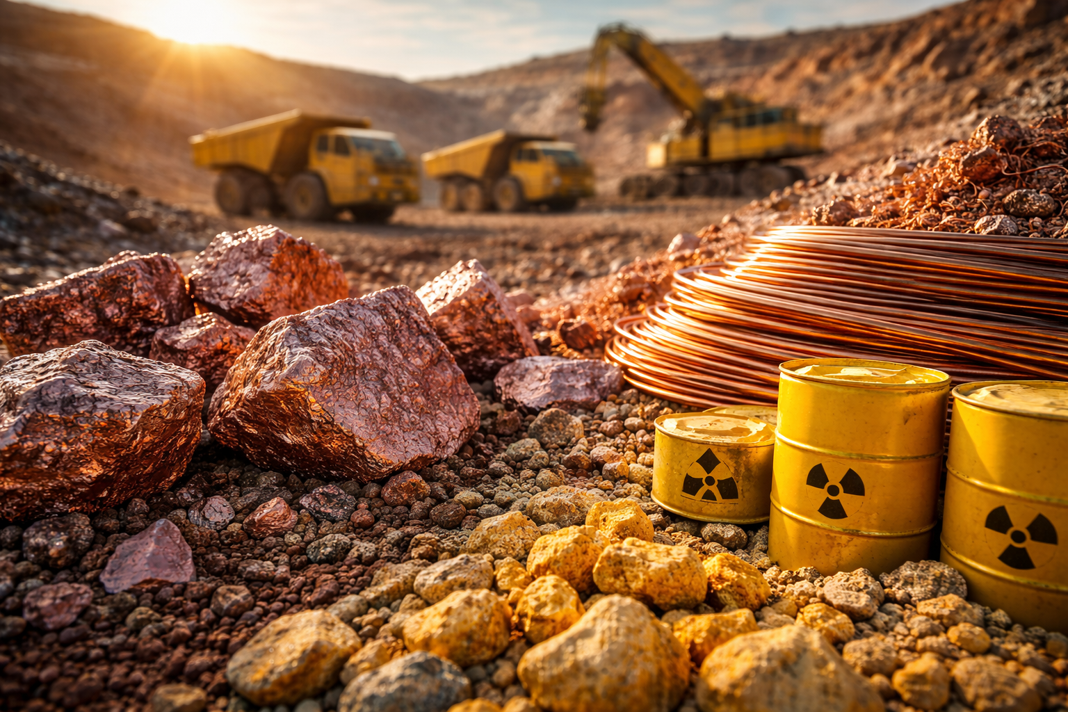 Photorealistic image of copper ore, coiled copper wire, and uranium material at a mining site with heavy equipment in the background.