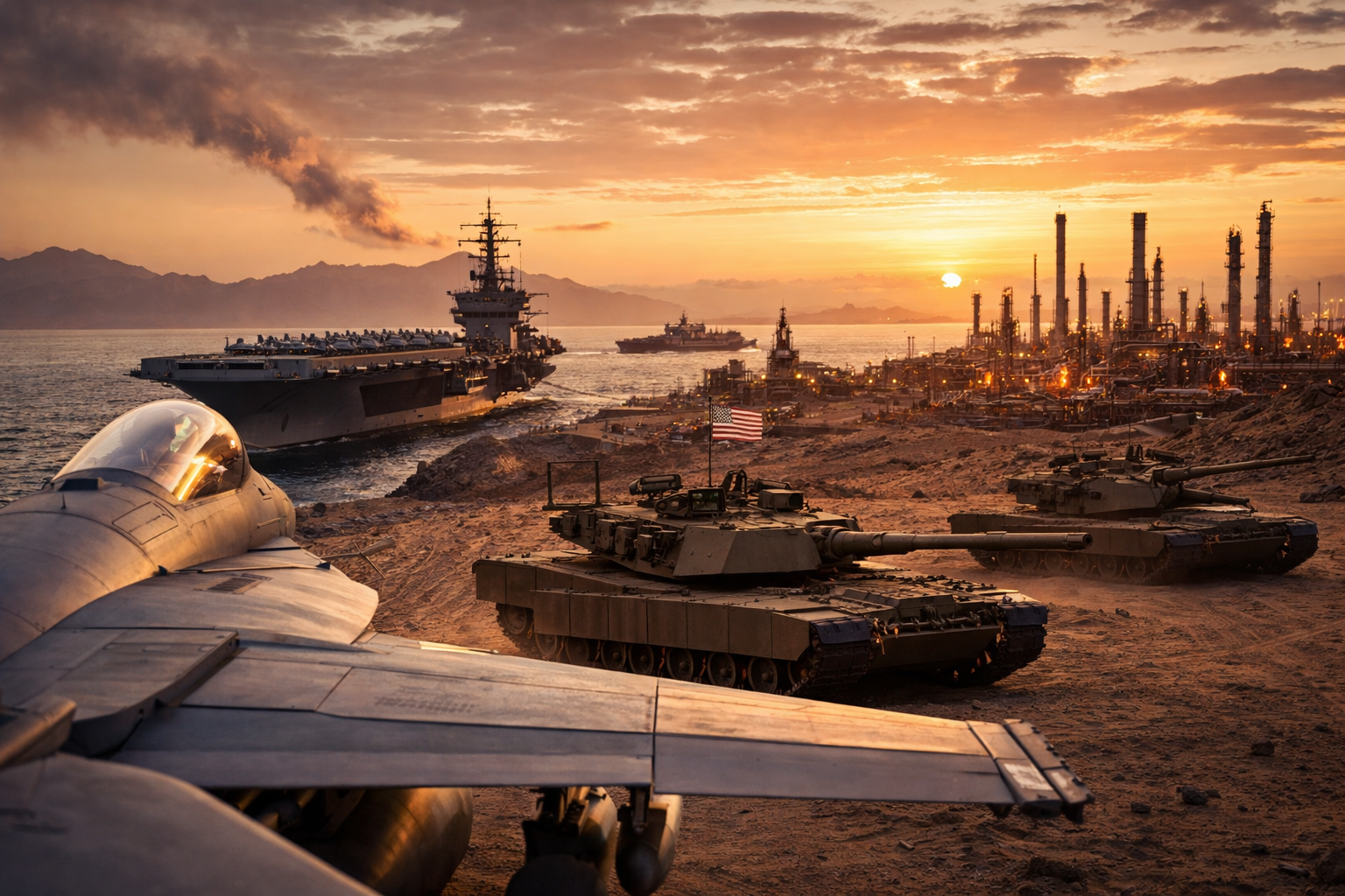 Photorealistic scene showing military hardware near coastal oil infrastructure in the Middle East at sunset, symbolizing rising geopolitical and energy market risk.
