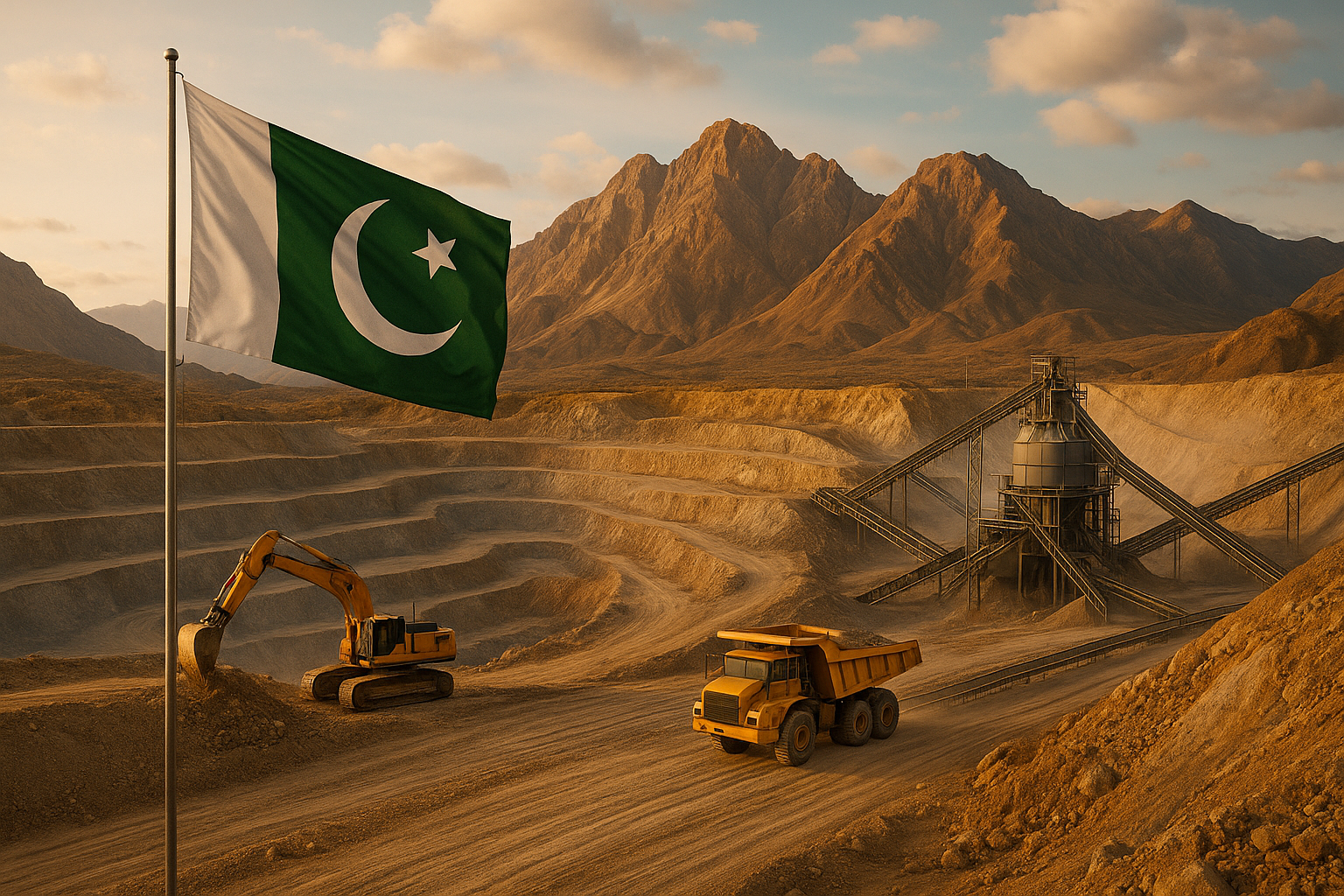 A mining operation in a mountainous region of Pakistan with the national flag in the foreground, symbolizing resource exploration and national ambition.