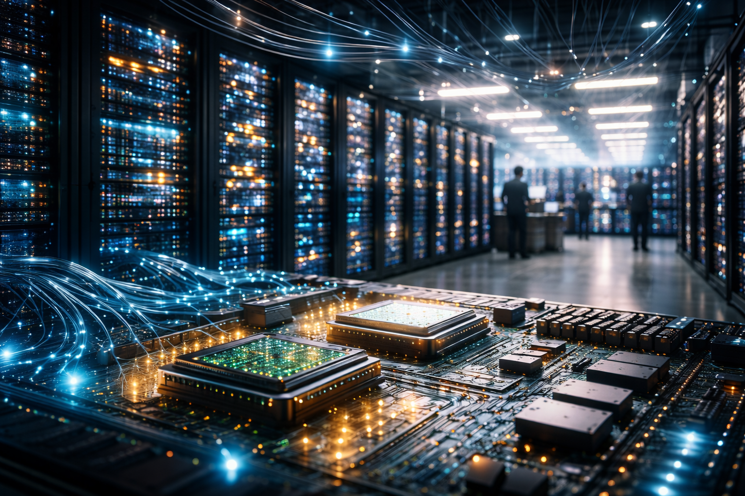 Photorealistic view of a modern AI data center with glowing server racks, advanced chips on a circuit board in the foreground, and technicians in the background.