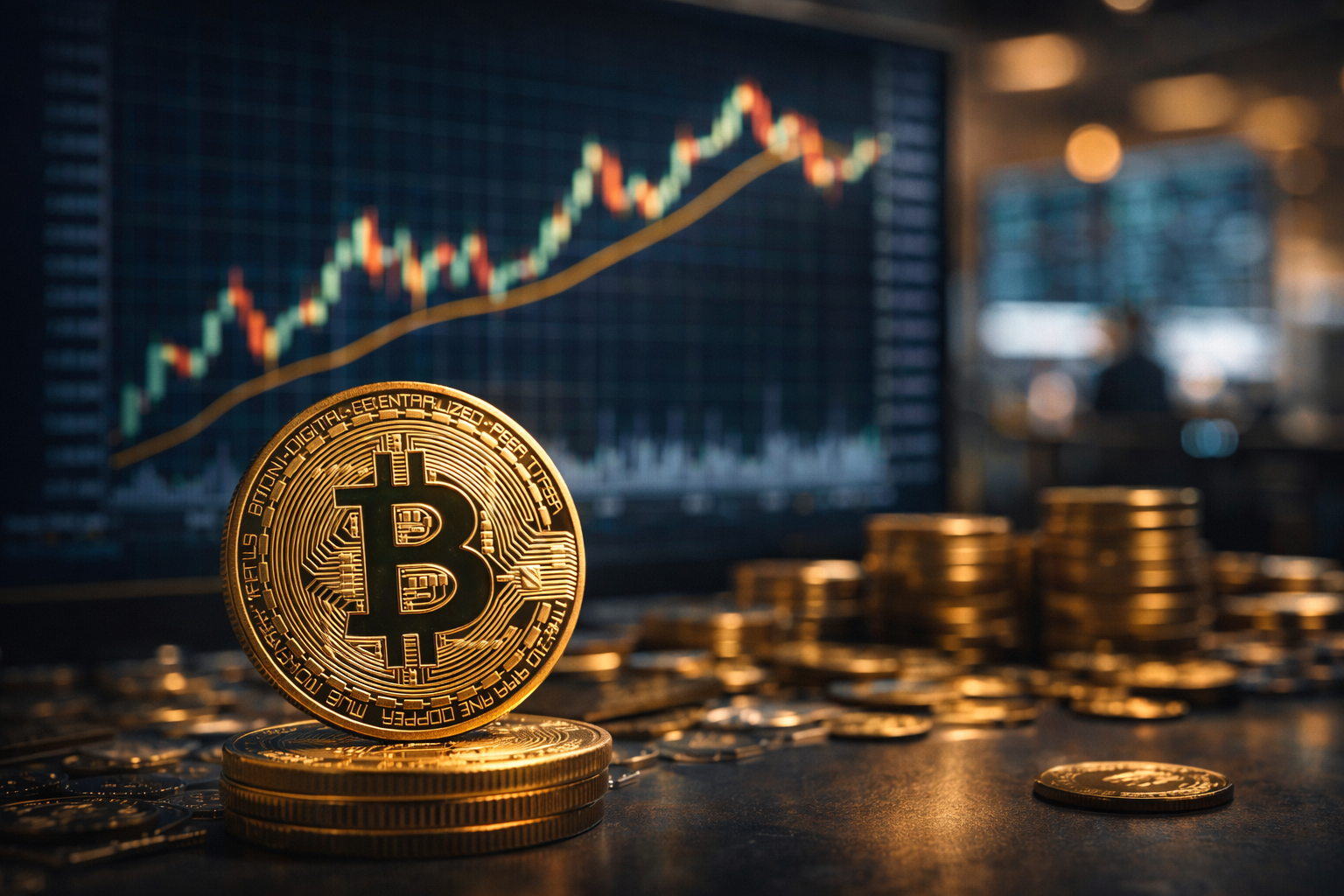 Photorealistic close-up of a Bitcoin token on a desk with stacked coins and a softly blurred market chart in the background.