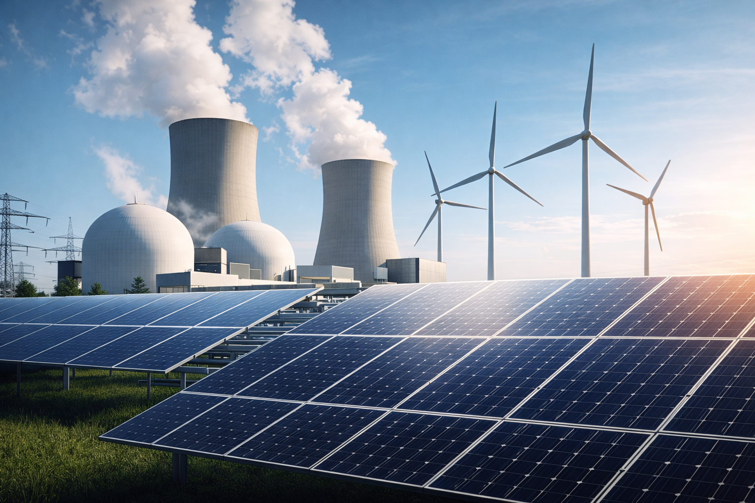 Photorealistic energy landscape with a nuclear power facility behind large solar panels and wind turbines under clear daylight.