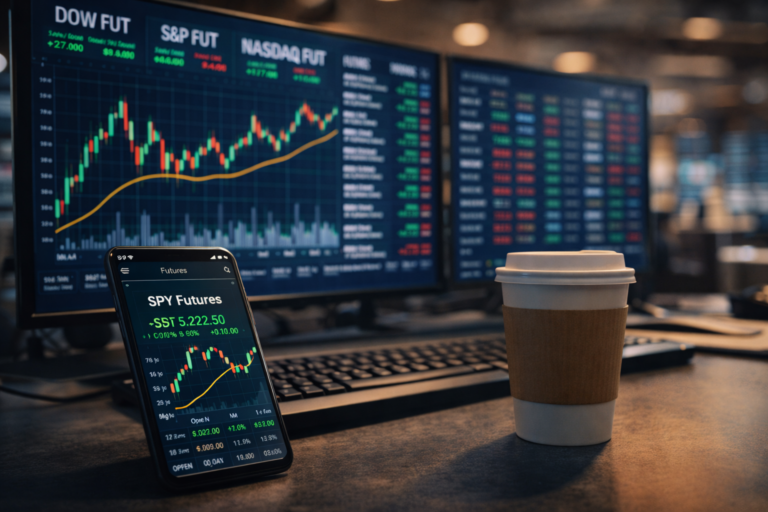 Photorealistic trading desk with a smartphone, coffee cup, and large market monitors showing mixed futures activity in a dimly lit office.