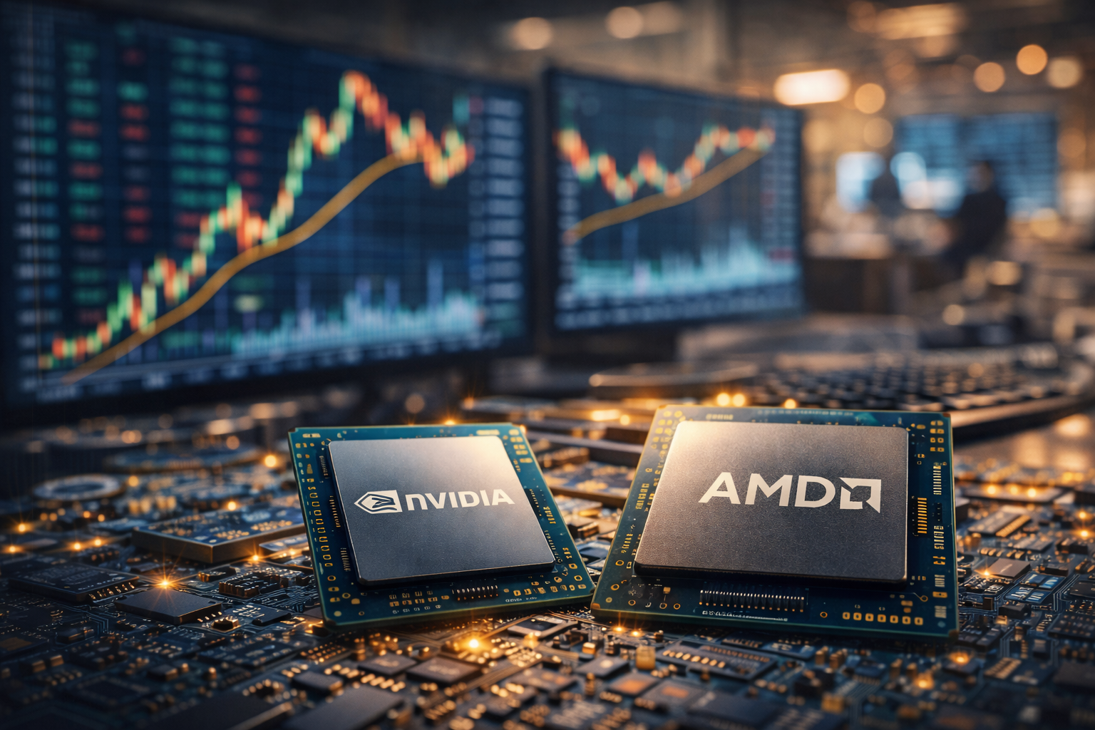 Photorealistic close-up of advanced semiconductor chips on a circuit board with softly blurred market-style displays in the background.