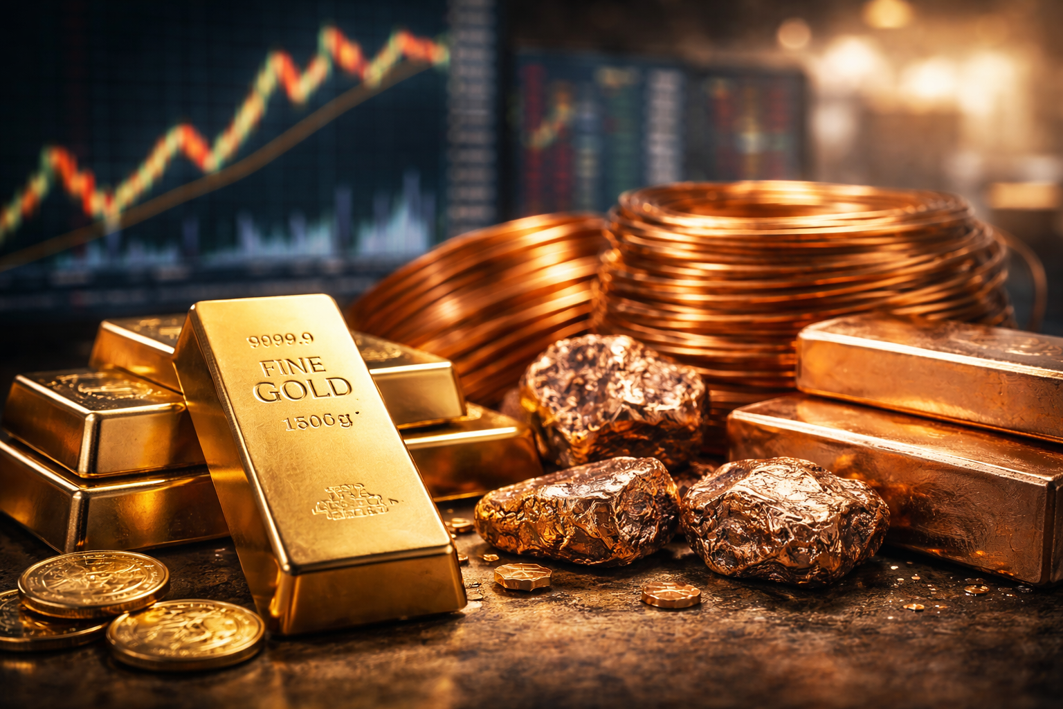 Photorealistic close-up of gold bars, coins, copper ingots, and coiled copper wire with a softly blurred market-style background.