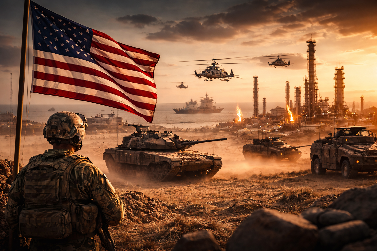 Photorealistic scene of a military presence near coastal energy infrastructure at sunset, with armored vehicles, aircraft, and refinery structures in the distance.