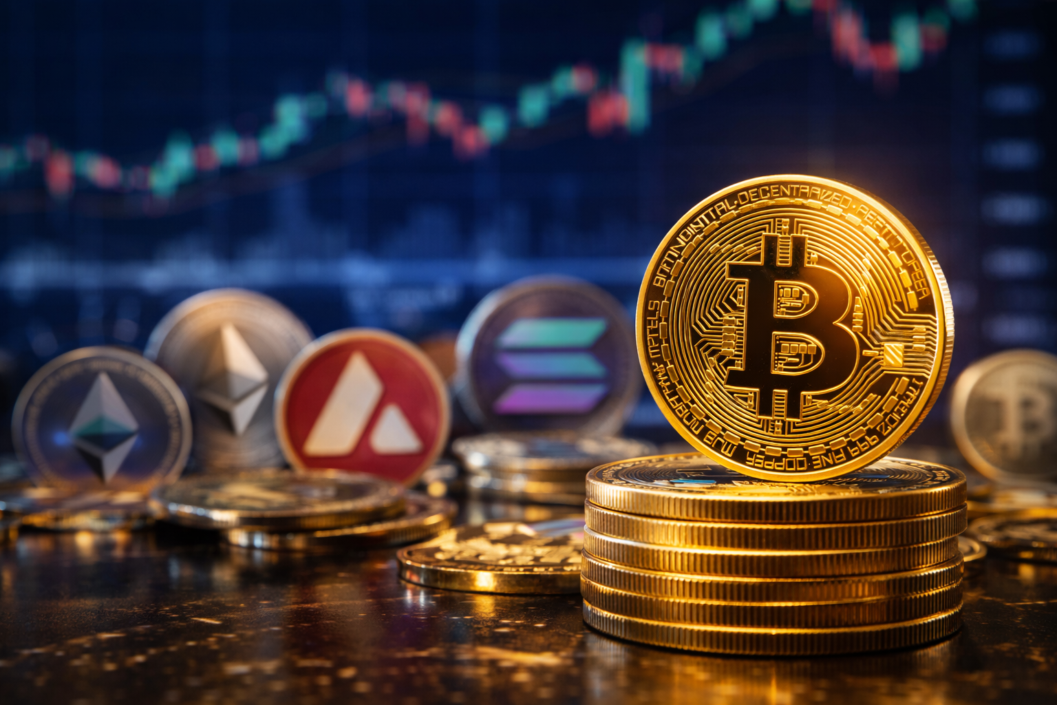 A photorealistic close-up of a gold Bitcoin in sharp focus with several altcoins and a blurred crypto market chart in the background, symbolizing capital rotation across digital assets.