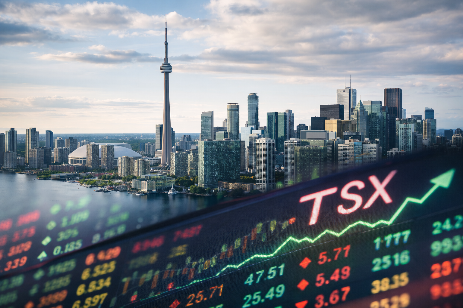 A photorealistic view of Toronto’s skyline with the CN Tower and financial district, paired with an upward-trending market display to symbolize rising Canadian equities and improving investor sentiment.