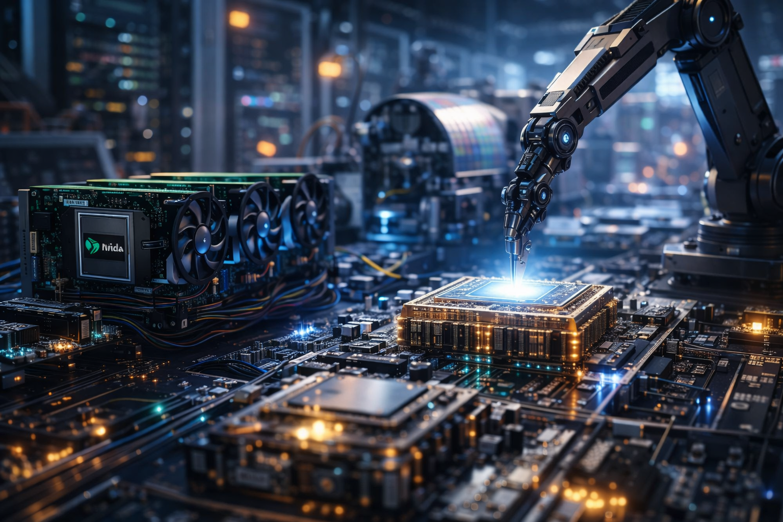 A photorealistic close-up of advanced AI hardware inside a high-tech production environment, with processors, graphics cards, circuit boards, and automated machinery highlighting pressure across the technology supply chain.