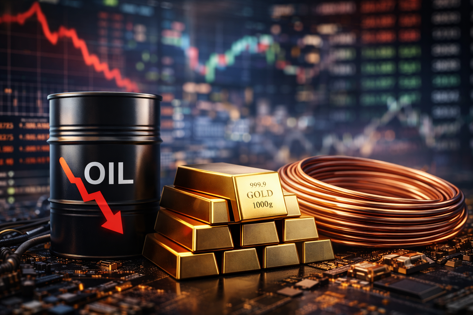 A photorealistic arrangement of an oil barrel, stacked gold bars, and coiled copper in front of a blurred market backdrop, symbolizing mixed moves across global commodity markets.