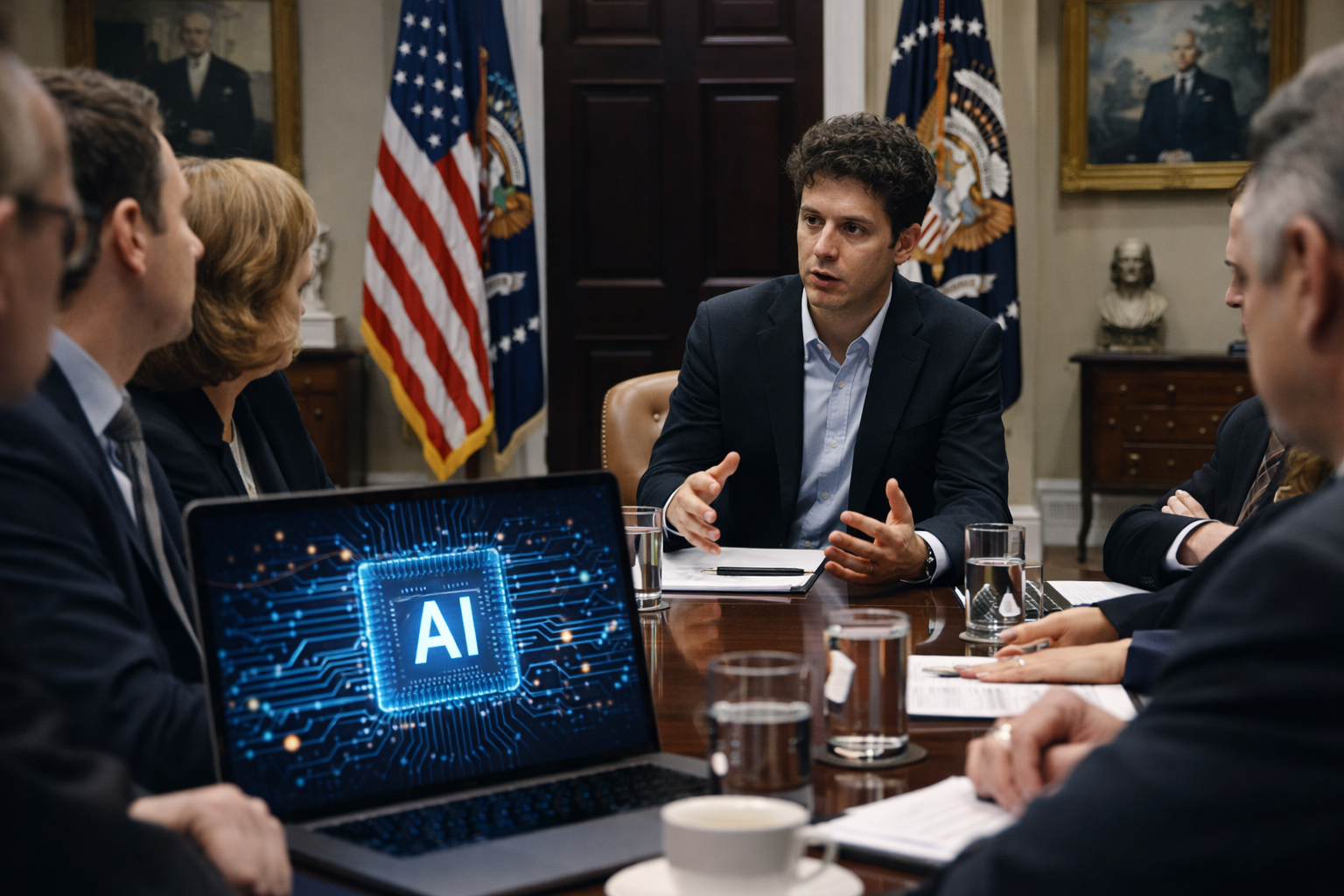 A photorealistic scene of senior officials and a technology executive meeting in a formal government conference room, symbolizing growing U.S. policy engagement with artificial intelligence.